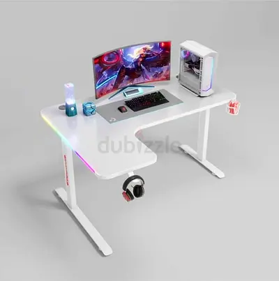White L-shaped Gaming Desk with RGB Lighting and Accessories Holder
