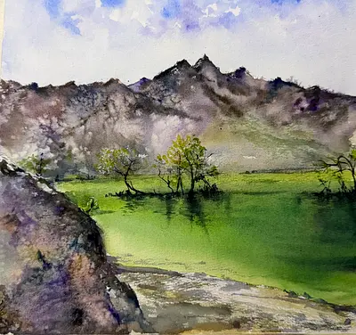 Original Watercolor Landscape Painting of Mountain Lake