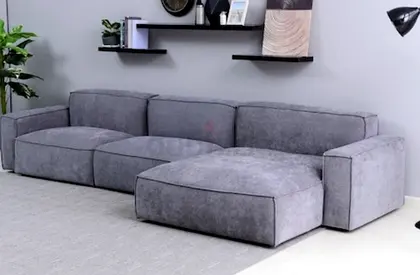 Large Modular Grey Fabric Sofa with Ottoman - Comfortable 4-Seater