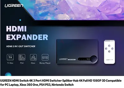 UGREEN 3-in / 1-out HDMI Switch / Splitter Hub, 4K, with IR Wireless Remote Control
