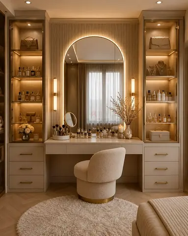 Beige Built-in Vanity Dressing Table with Storage Shelves and Round Mirror
