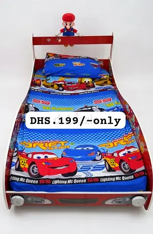 Kids Car-Shaped Single Bed with Cars Bedding Set + Two Sensor lights (Good Condition)