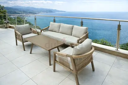 4-piece outdoor patio sofa set with coffee table — beige cushions