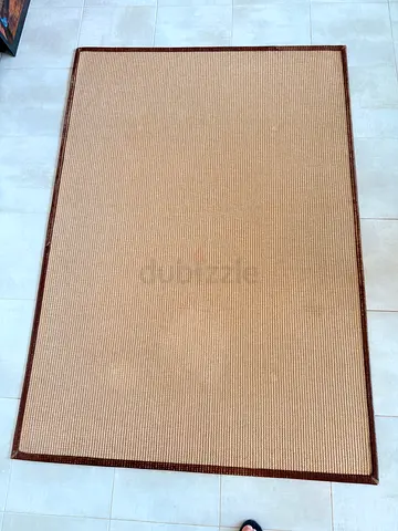 Natural Wool Sisal-Look Rectangular Rug with Brown Leather  Border - Good Condition