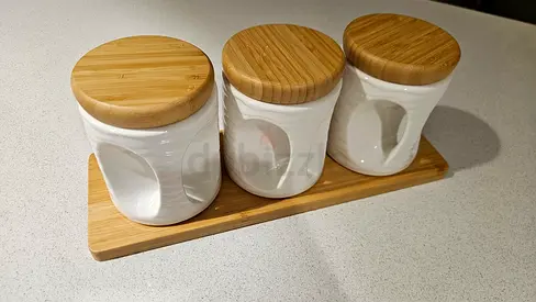Set of 3 Porcelain Kitchen Canisters with Wooden Lids on Tray