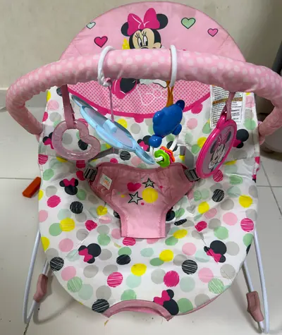 Pink Minnie Mouse Baby Bouncer / Rocker with Toy Bar - Good Condition