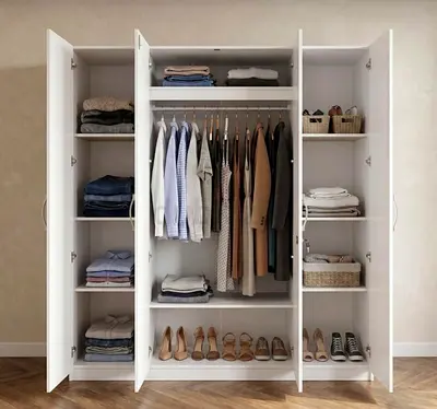 Spacious White Four Door Wardrobe with Shelves and Hanging Rail
