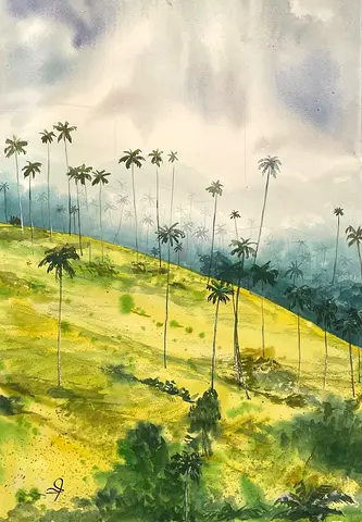 Original Watercolor Landscape Painting of Palm Trees on Hills -100 X 70 cm