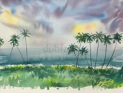 Original Watercolor Seascape with Palm Trees - Unframed