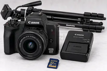 Canon EOS M50 Mark II with 15-45mm Lens, Charger, Tripod & 32GB Card