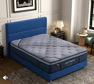 King Size Blue Fabric Bed Frame with Mattress (Set) - Good Condition
