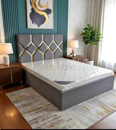 Grey upholstered bed frame with mattress - Queen size