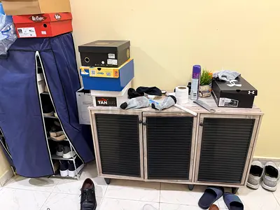 Compact 3-door Shoe Cabinet with Black Slatted Doors — Light Wood Finish