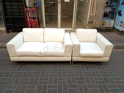 White Leather 3-Seater Sofa and Matching Armchair Set - Good Condition