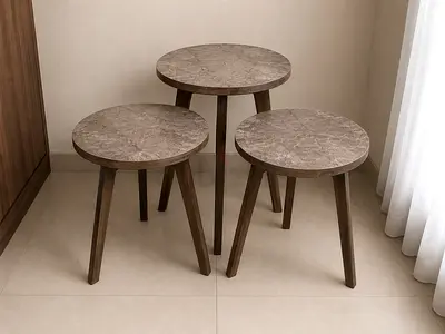 Set of 3 Round nesting tables. Marble style-Top Side Tables with Wooden Legs
