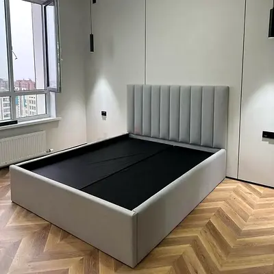 Modern Grey Upholstered Bed Frame Ribbed Headboard
