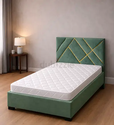 Green Velvet Single Bed Frame with Headboard and Mattress