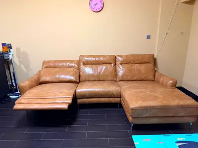 Genuine Leather L-Shaped Recliner Sofa — 3-Seater with Chaise (Tan)