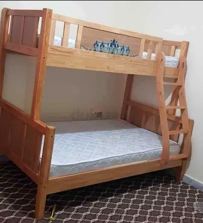 Solid Wood Bunk Bed (Double on Bottom) with Ladder - Good Condition