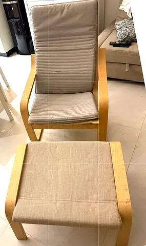 IKEA Poäng armchair with footstool - light wood, chair light grey cushion, foot rest: beige cushion