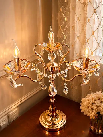 Elegant Gold Crystal 3-Arm Table Lamp / Candelabra Light