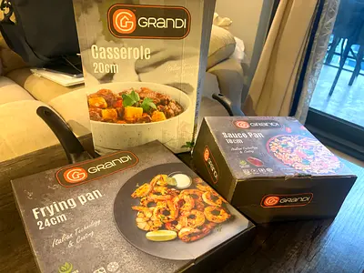 Set of 3 Grandi Non-Stick Pans (20cm Casserole, 24cm Frying Pan, Sauce Pan) and cooking spoons
