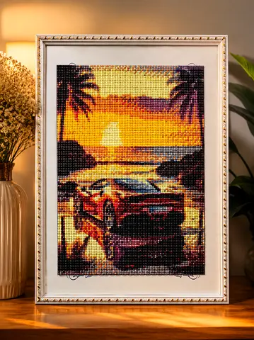 Framed Diamond Art Mosaic — Sunset Car Scene