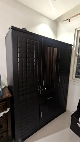 3-Door Wardrobe with Center Mirror and Drawers