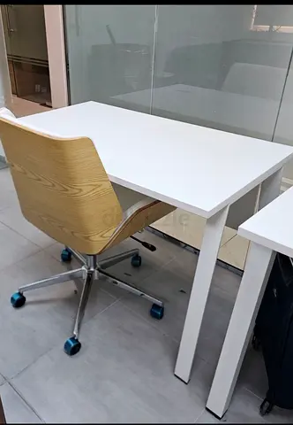 2 White Modern Office Desk with 2 white leather and wood chairs
