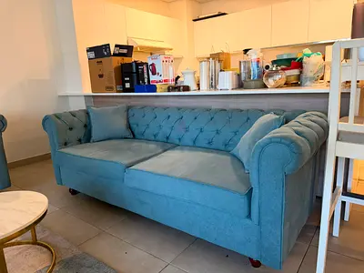 One Pair of 2ight teal tufted Chesterfield sofas - good condition + beautiful bed king size urgent