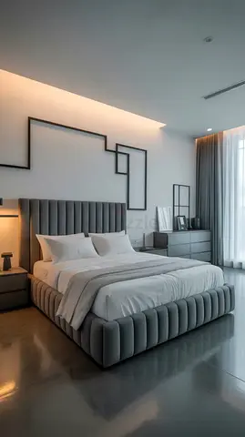 Modern Grey Upholstered Bed Frame with Vertical Fluted Design