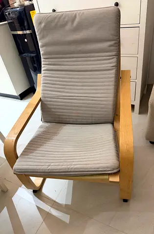 IKEA Poäng armchair with footstool - light wood, chair light grey cushion, foot rest: beige cushion