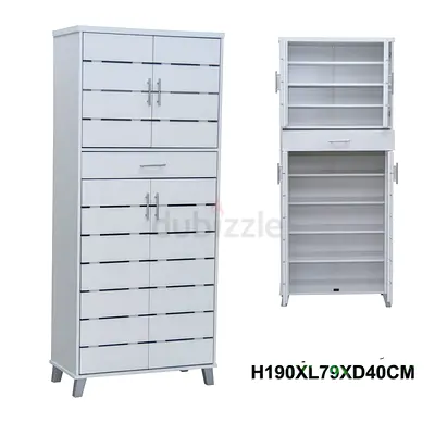 Tall White Multi-Shelf Shoes Cabinet with Drawer - H190 x L79 x D40 cm