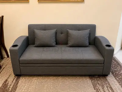 Gray 3-Seater Sofa Bed with Cup Holders