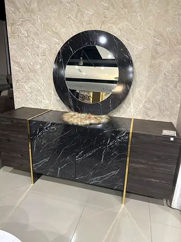 Dark Wood & Black Marble Dressing Table with Round Mirror