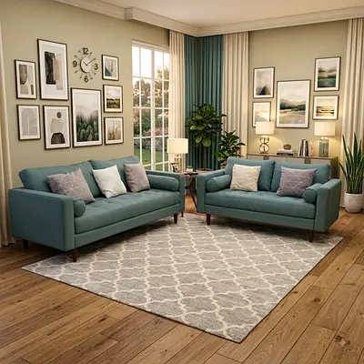 Two-piece teal sofa set — 3-seater and 2-seater in good condition