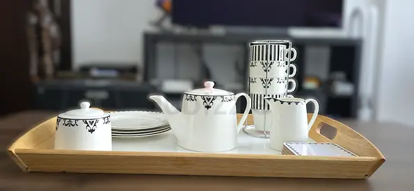 Tea Set + Bamboo Tray - White Porcelain