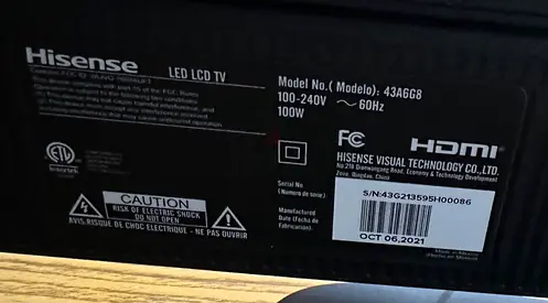 Hisense 43-inch LED LCD TV (Model 43A6G8) - Working Condition