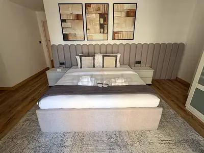 Modern Upholstered Bed Set with Integrated Headboard and Nightstands