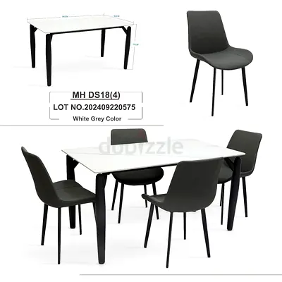 Dining table with 4 modern grey chairs - white marble top