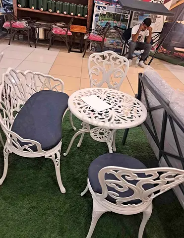 White Cast Metal Outdoor Bistro Set - 3 Pieces (Table + 2 Chairs + Bench)