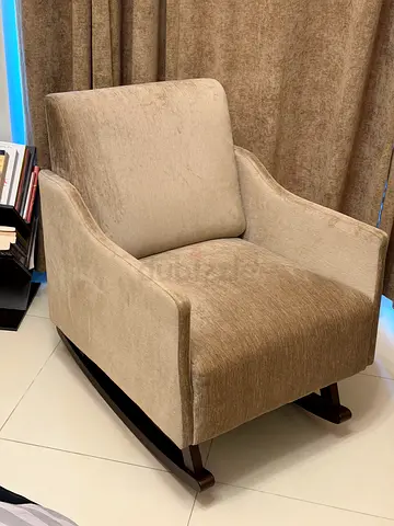 Beige Fabric Armchair with Wooden Rocker Base - Good Condition