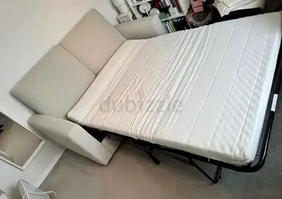 Beige Fabric Sofa Bed with Fold-Out Mattress - Good Condition