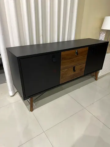 Modern low black TV cabinet with wooden doors - good condition
