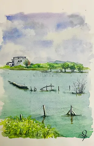 Original Watercolor Landscape Painting — Lakeside Scene A4