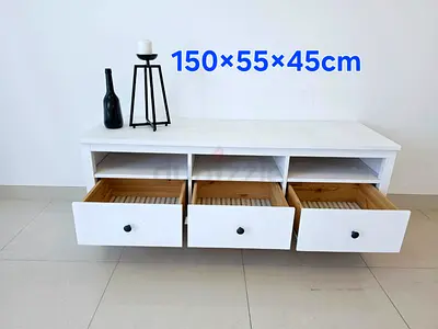 White TV Unit / Low Cabinet with 3 Drawers - 150 x 55 x 45 cm