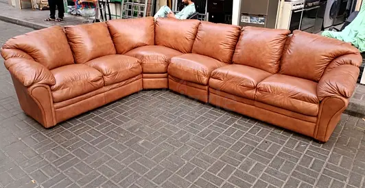 Large Brown Leather Corner Sofa - 3-Seater + Chaise Section, Good Condition