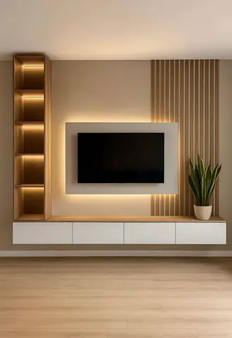Modern wall-mounted TV entertainment unit with LED shelving