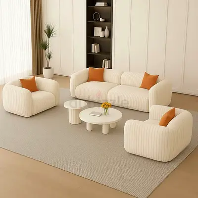 Cream Ribbed 3-Seater Sofa with Two Armchairs - Modern Living Set