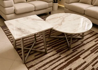 Set of 2 Marble-Top Coffee Tables with Metal Base - Beige/White